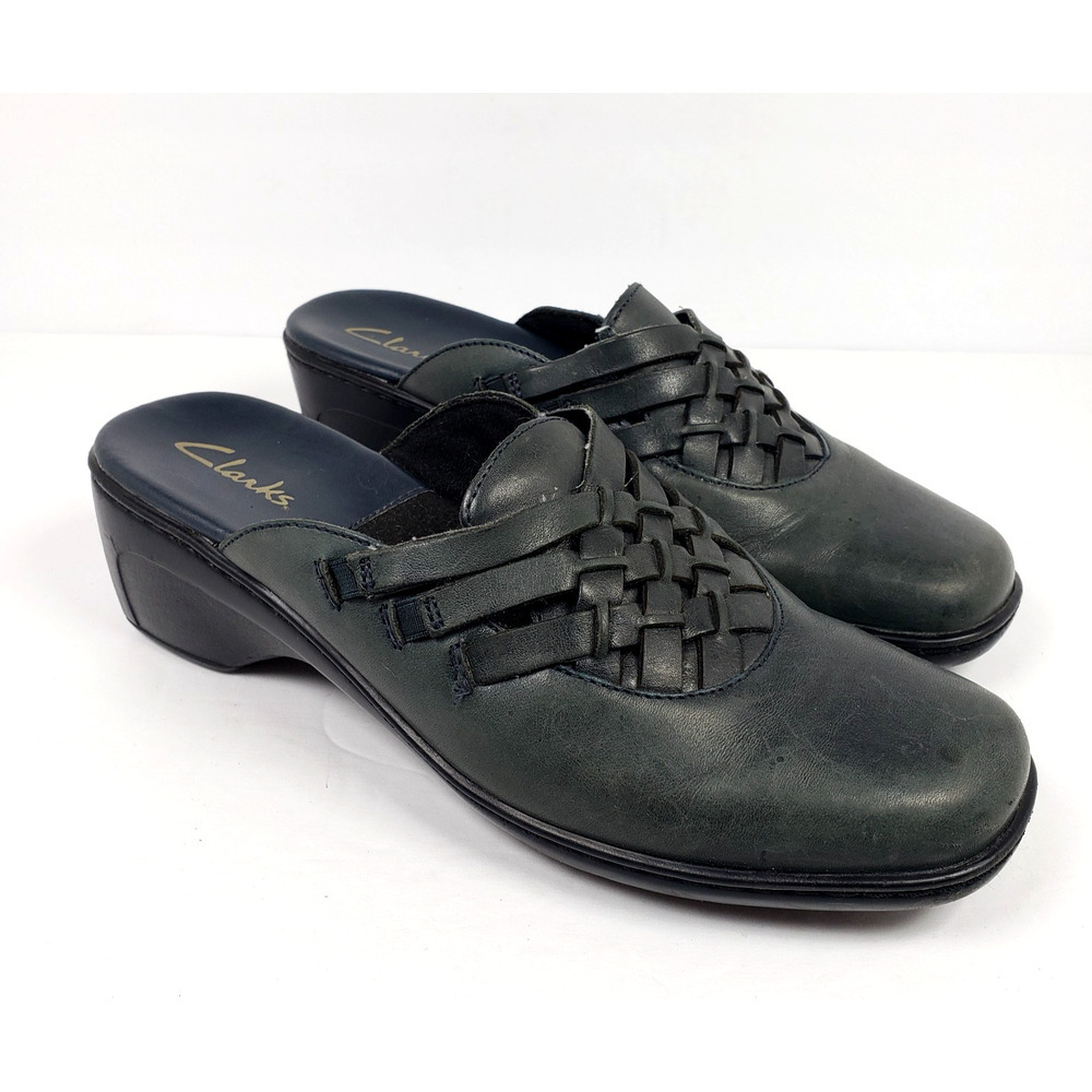 Clarks Womens Size 9 Navy Blue Leather Woven Slip On Comfort Mules Shoes